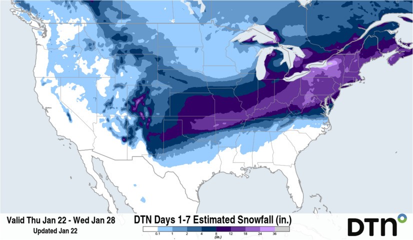 Image: Forecast weekly snow accumulation for the 7 days starting on Thursday, January 2, 2025. Source: DTN.
