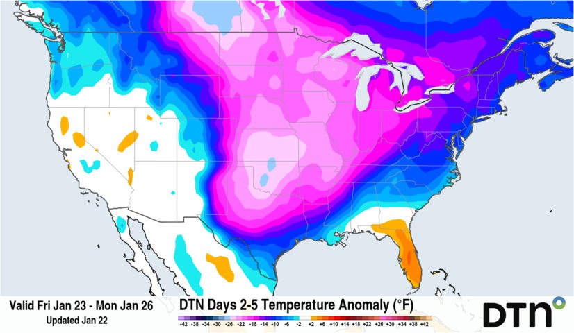 Image: Forecast temperature anomaly for the four-day period starting on Friday, January 23, 2026. Source: DTN.