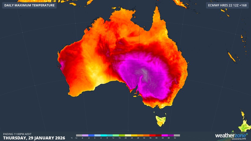Image: Forecast maximum temperatures on Thursday, January 29, 2026. Source: Weatherzone.