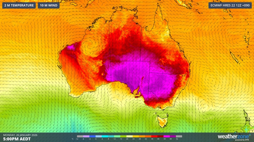 Image: Of the capital cities, the mass of extreme heat (the pink shaded area) is closest to Adelaide. Source: Weatherzone