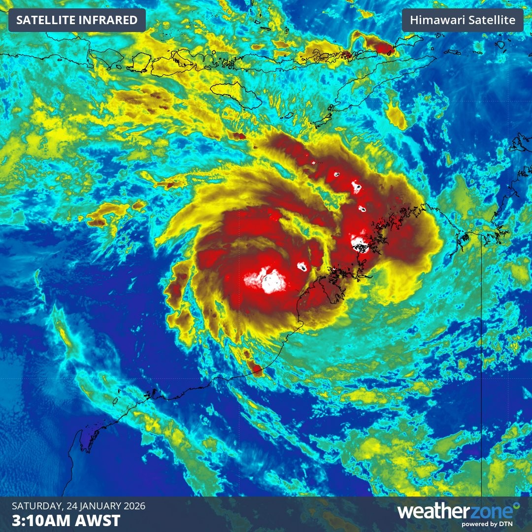 Image: Infrared satellite image showing Tropical Cyclone Luana northwest of Broome early on Saturday morning, January 24, 2026. Source: Weatherzone.
