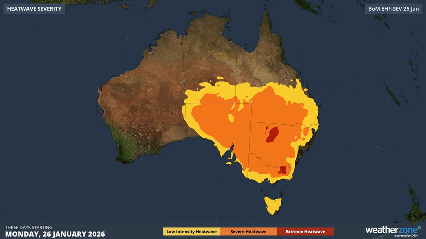 Image: Severe to Extreme heatwave conditions are expected across parts of 6 states and territories in the first half of the week. Source: Weatherzone