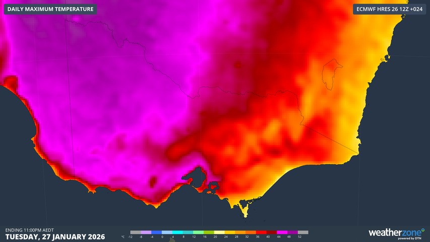 Image: Forecast Vic maximums for this Tuesday, January 27, 2026, with purple shading representing areas of 48°C or higher. Source: Weatherzone