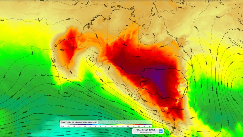 Image: 900 hPa temperature and 500 hPa height over Australia at 2am AEDT on Wednesday, January 28, 2026. Source: Weatherzone