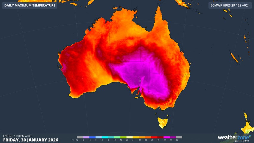 Image: Forecast maximums across Australia for Friday, January 30, 2026, according to the ECMWF model. Source: Weatherzone