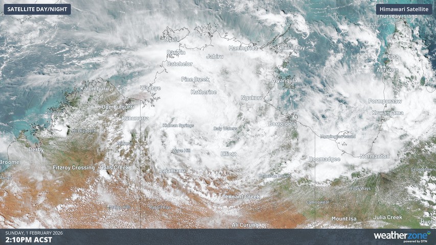 Image: Visible satellite image showing the circulation of a low over the NT’s north. Source: Weatherzone