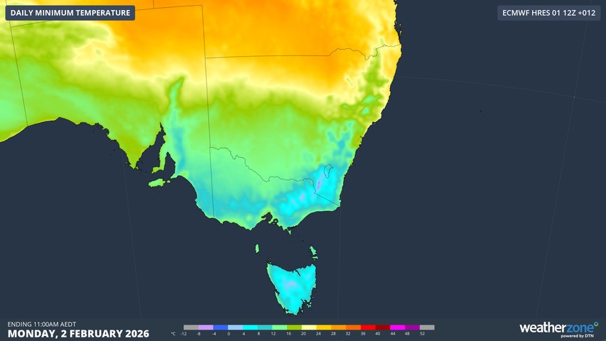 Image: Minimum temperatures across SE Australia on the morning of Monday, February 1, 2026. Source: Weatherzone