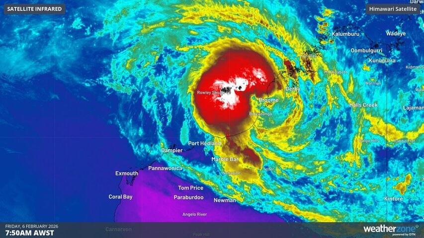 Image: Enhanced infrared satellite showing a developing tropical low over northern WA on Friday morning. Source: Weatherzone.