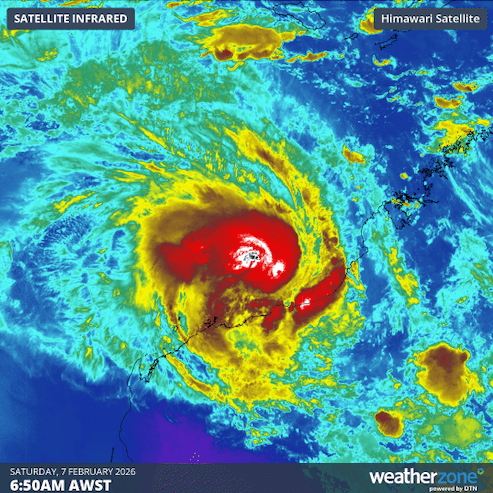 Image: Infrared satellite imagery showing Tropical Cyclone Mitchell intensifying off the northwest WA coast early Saturday. Source: Weatherzone