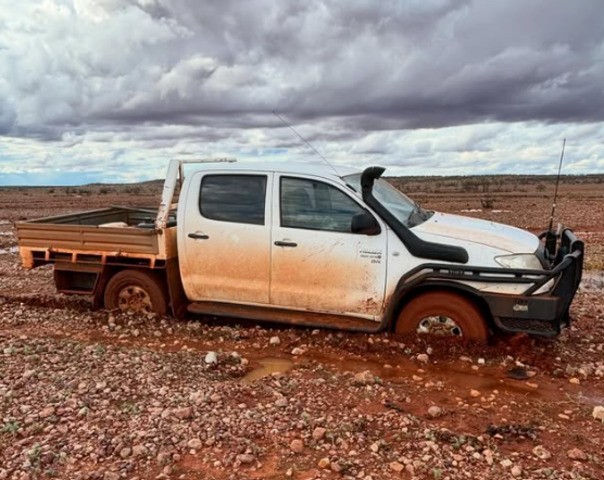 Image: A ute that got bogged three times in a day over the weekend on a cattle station in far northern South Australia. Source: Gillian Fennell
