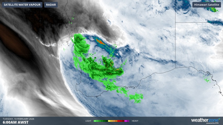 Image: Atmospheric water vapour and rain radar over southwest WA at 6am (AWST) on Tuesday, February 10, 2026. Source: Weatherzone