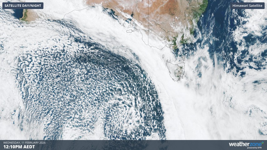 Image: Satellite image for February 11, 2026, showing the speckled cloudmass typically associated with cold outbreaks. Source: Weatherzone