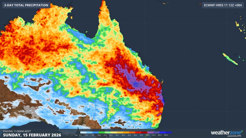 Image: Forecast accumulated rain during the 84 hours ending at 11am AEDT on Sunday, February 15, 2026. Source: Weatherzone.