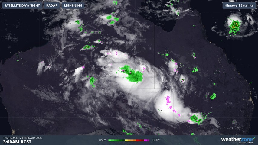Image: Heavy rain associated with storms captured over the Alice Springs area at 3am (ACST) on Thursday, February 12, 2026. Source: Weatherzone