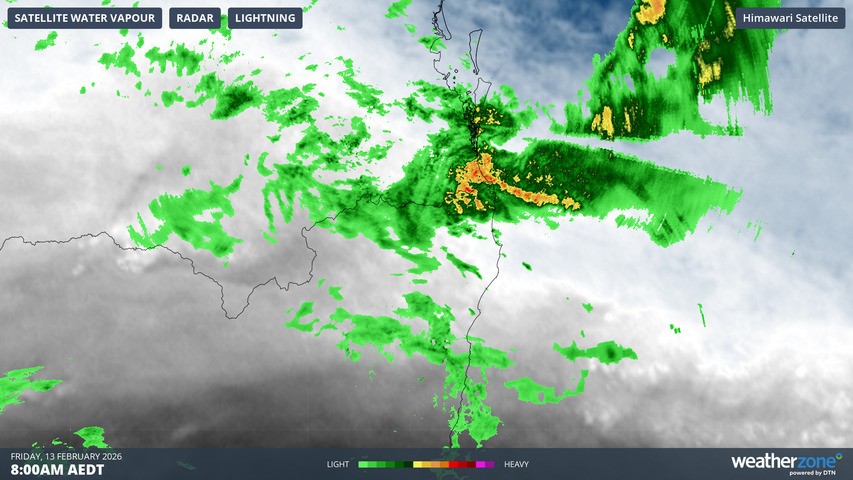 Image: Rain radar for the border region of eastern Qld and NSW at 8am on Friday, February 13, 2026. Source: Weatherzone