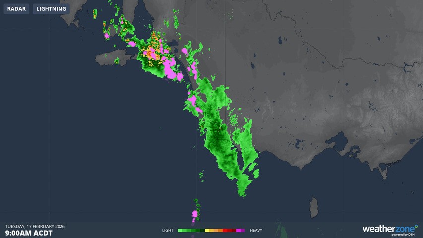 Image: A large rainband starting just south of Adelaide on Tuesday, February 17, 2026 . Source: Weatherzone