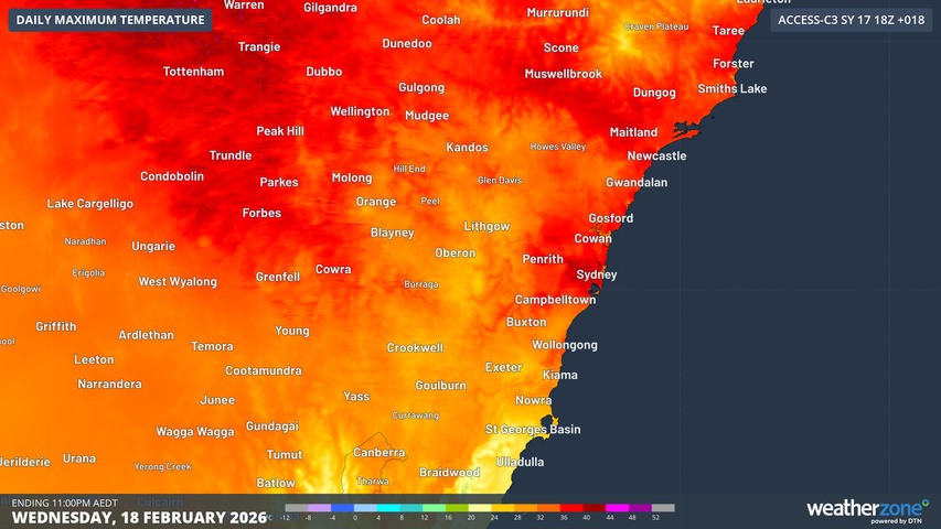 Image: Forecast maximums (according to the ACCESS-C model) for parts of NSW on Wednesday, February 18, 2026. Source: Weatherzone
