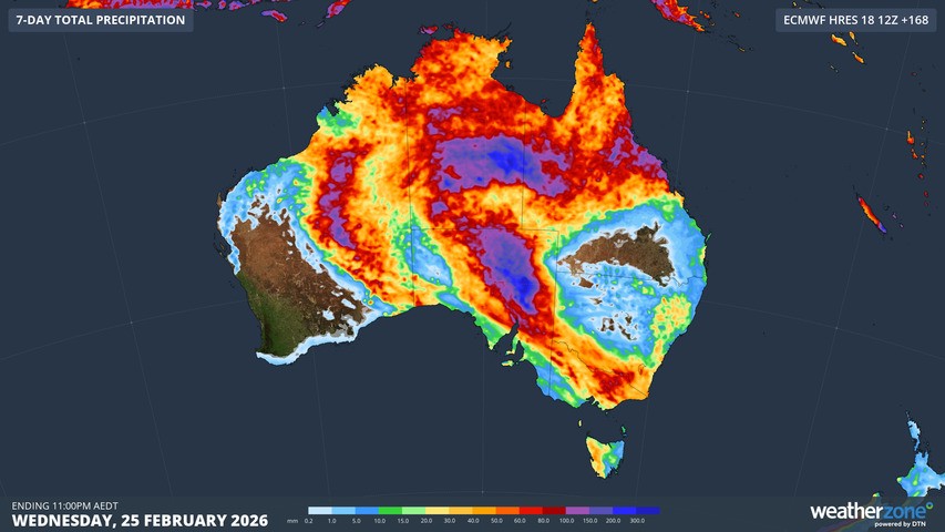 Image: Forecast accumulated rain during the seven days ending at 11:00pm AEDT on Wednesday, February 25, 2026, according to the ECMWF model. Source: Weatherzone.