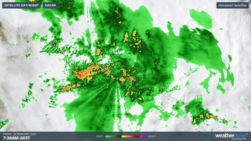 Image: Weather radar near Townsville, Qld, at 7:30am (AEST) on Friday, February 20, 2026. Source: Weatherzone