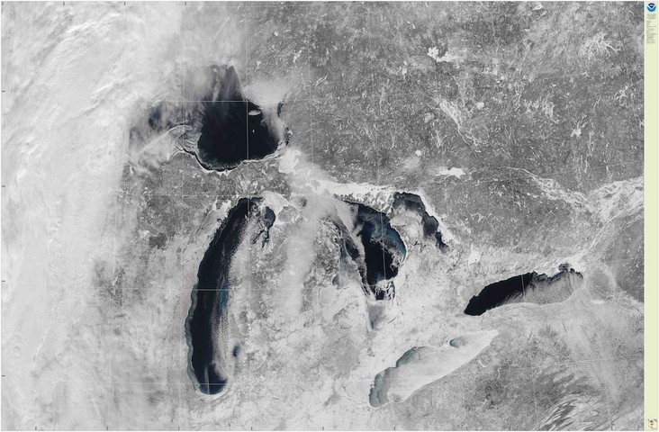 Image: Satellite image showing nearly-complete ice coverage across Lake Erie but more open water in the deeper lakes on February 2, 2026. Source: NOAA.