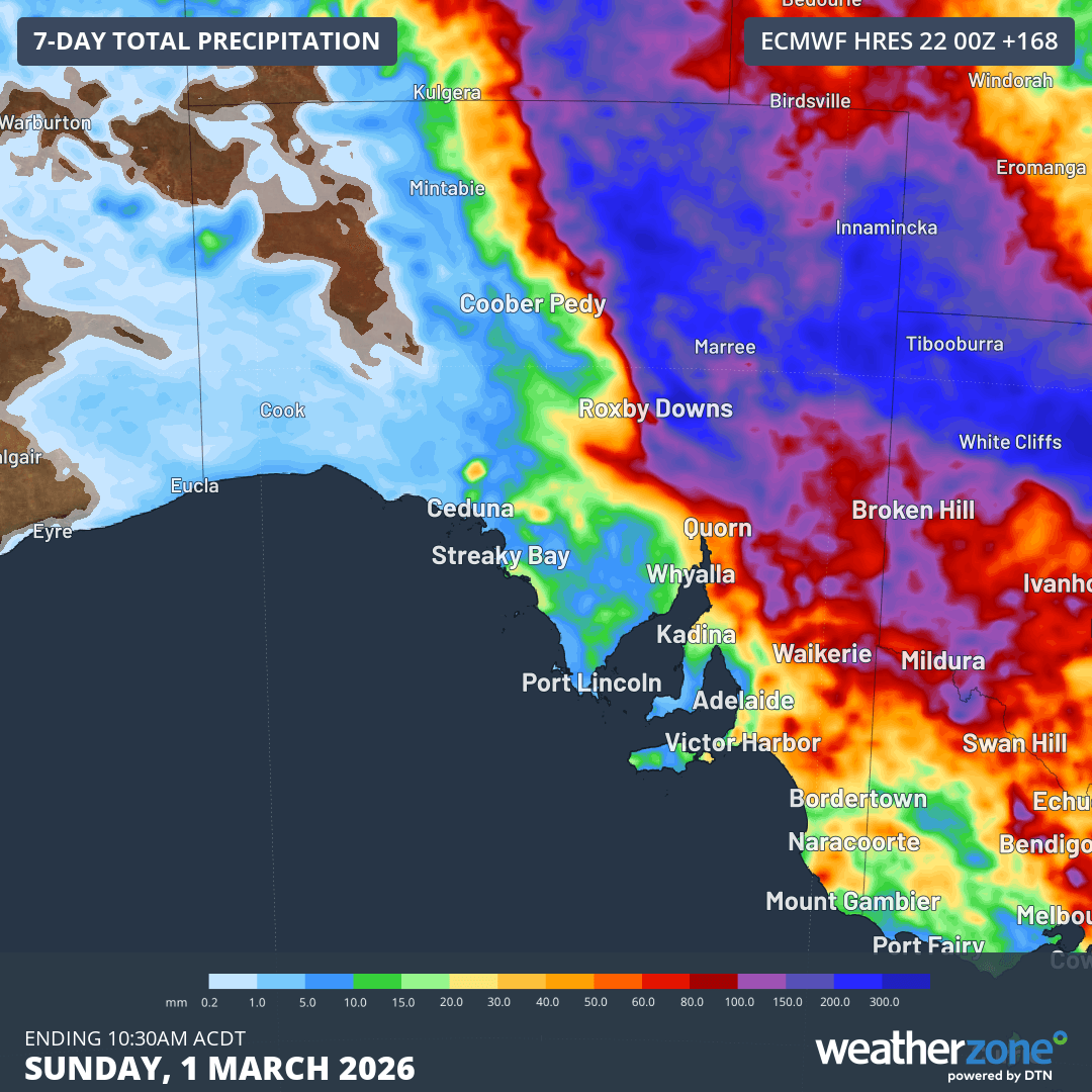 Image: Forecast 7-day rainfall to 10:30pm CDT Sunday 1 March across South Australia according to ECMWF model. Source: Weatherzone.