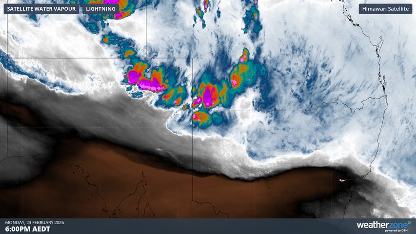 Image: Water vapour over parts of eastern Australia at 6pm on Monday, 23 February, 2026. Source: Weatherzone