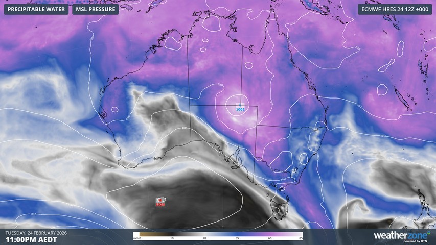 Image: Precipitable water (a measure of available moisture for rain) and mean sea level pressure at 11pm (AEDT) on February 24, 2026. Source: Weatherzone