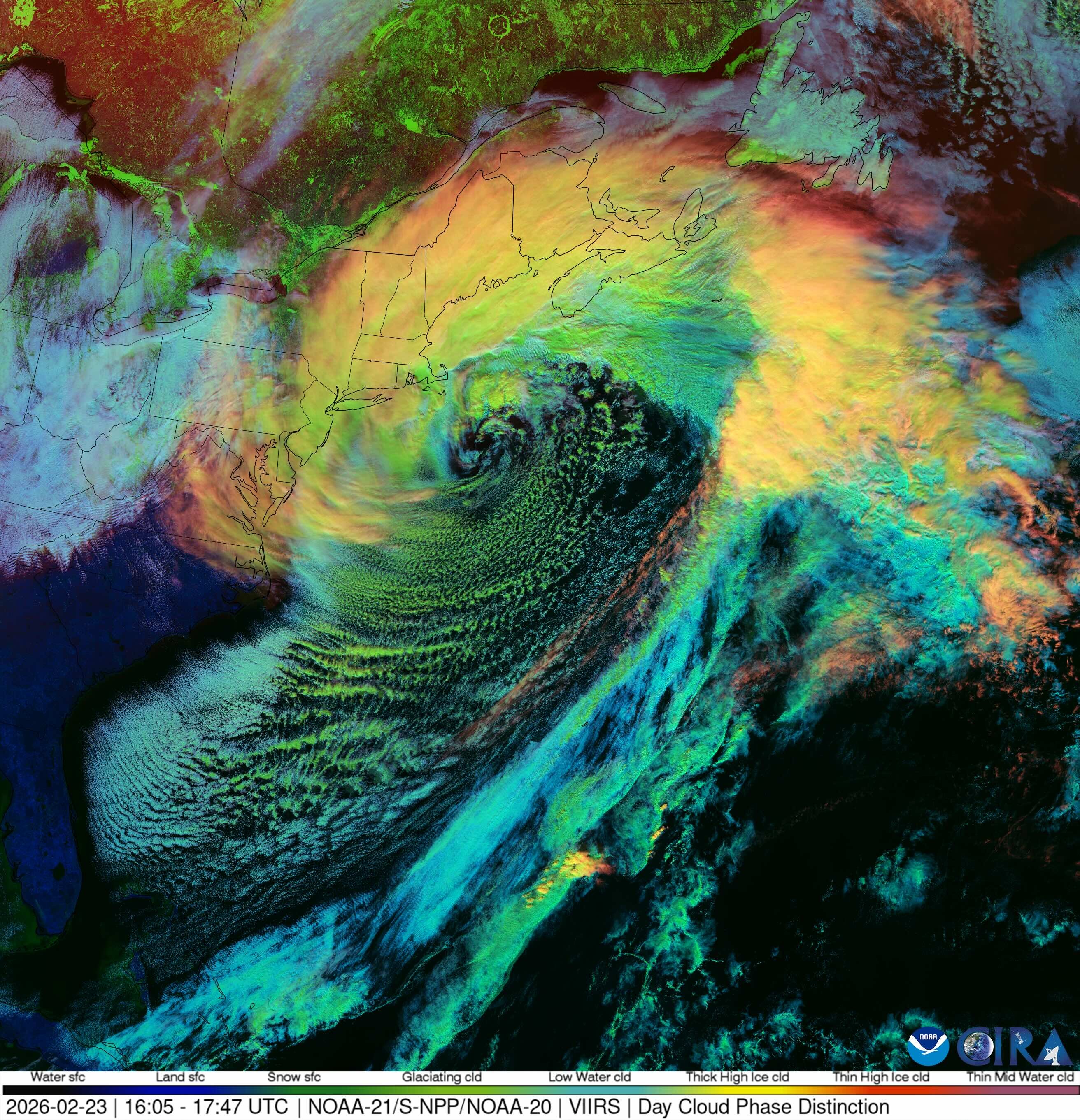 Image: Enhanced satellite image showing a nor'easter impacting the U.S. Eastern Seaboard on February 23, 2025. Source: CIRA / NOAA