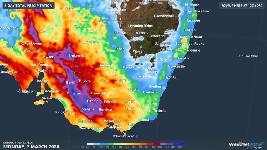 Image: Forecast rainfall over South Australia and Victoria over the next 72 hours. Source: Weatherzone
