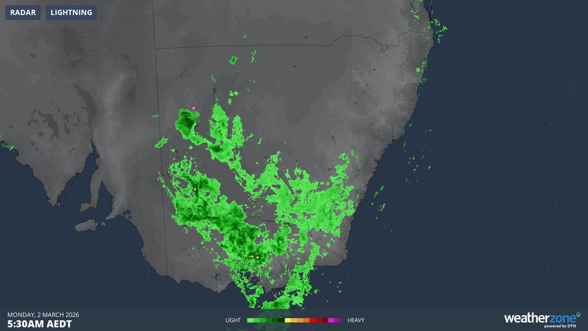 Image: Rain radar across the SE Australian mainland early on the morning of March 2, 2026. Source: Weatherzone