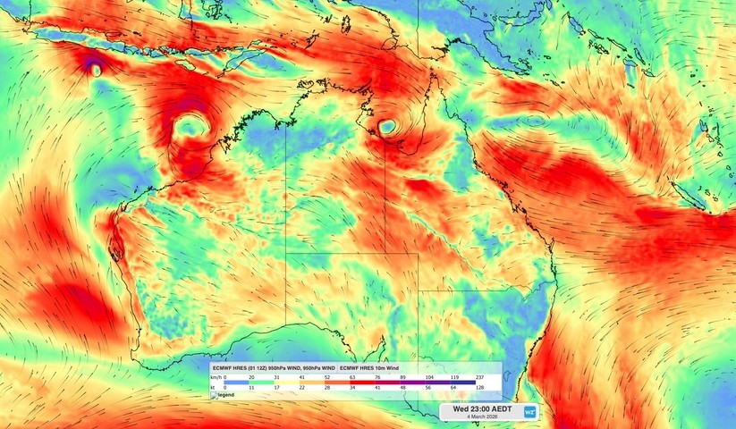 Image: Modelled wind showing multiple low pressure systems near northern Australia on Wednesday, March 4, 2026. Source: Weatherzone.