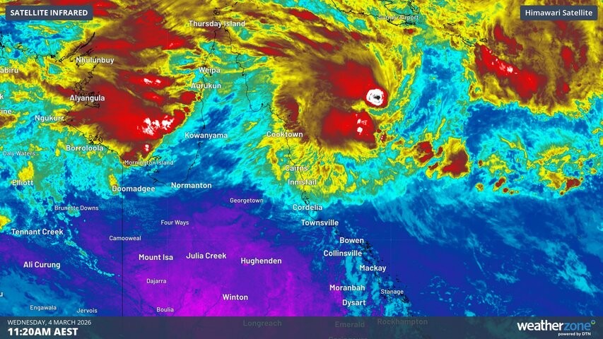 Image: Enhanced infrared satellite image showing a tropical low over the northern Coral Sea on Wednesday. Source: Weatherzone.
