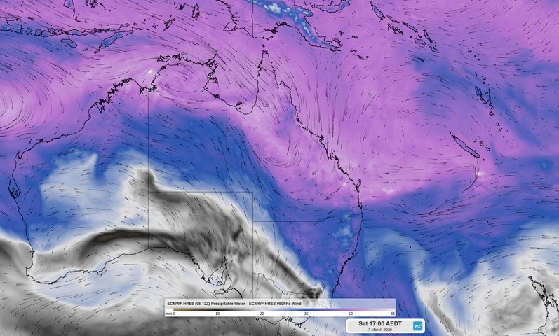 Image: Modelled precipitable water and 950 hPA wind at 5pm AEDT on Saturday, March 7, 2026. Source: Weatherzone.