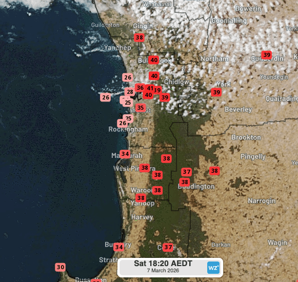 Image: Observed maximum temperatures at 3:20pm AWST across parts of southwest WA on Saturday, March 7, 2026. Source: Weatherzone