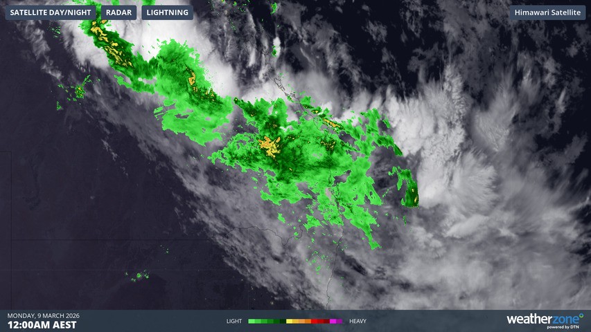 Image: Rain radar at 12am on Monday, March 9, 2026. Source: Weatherzone
