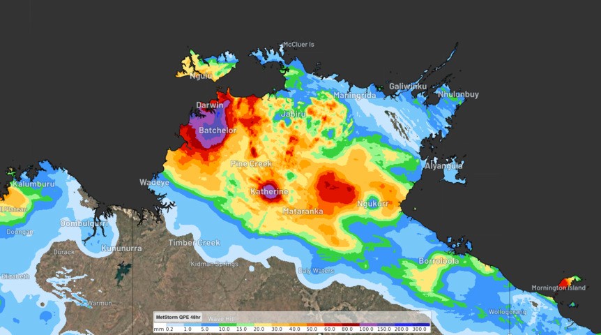 Image: Estimated rainfall during the 48 hours ending at 9:30am ACST on Tuesday, March 10, 2026. Source: Weatherzone.