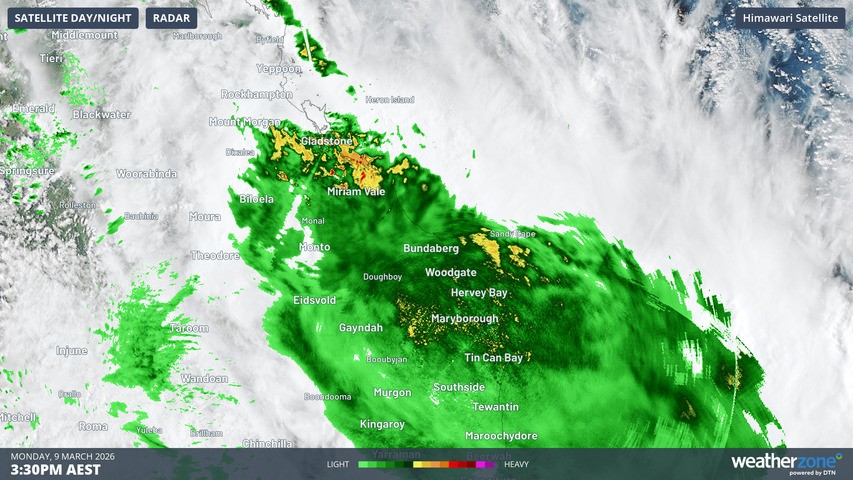 Image: Radar image showing intense rainfall in and around Bundaberg on the afternoon of Monday, March 9, 2026. Source: Weatherzone