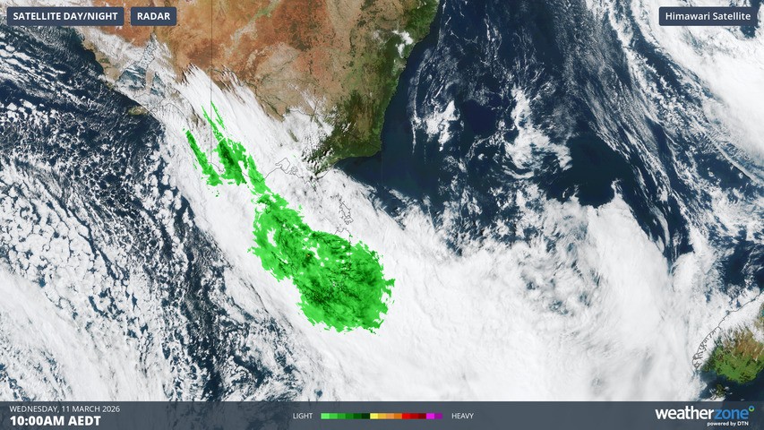 Image: Rain radar over Tasmania and nearby parts of SE Australia at 10am on Wednesday, March 11, 2026. Source: Weatherzone