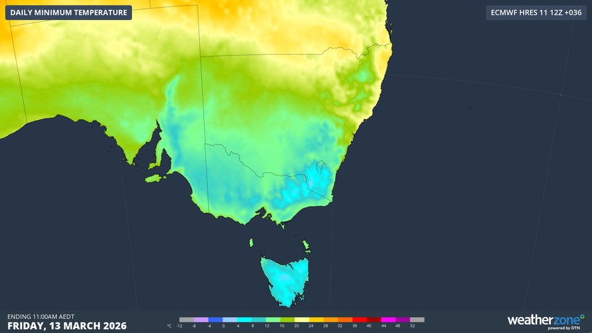 Image: Forecast minimums across SE Australia for Friday, March 13, 2026, expected to be the coolest morning of the week. Source: Weatherzone