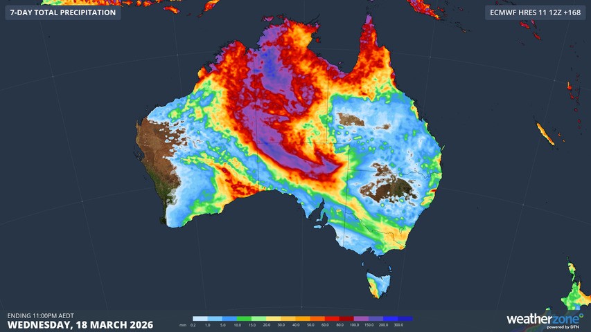 Image: Forecast accumulated rain during the next seven days. Source: Weatherzone.