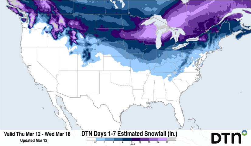 Image: Forecast accumulated snow during the next 7 days. Source: DTN.