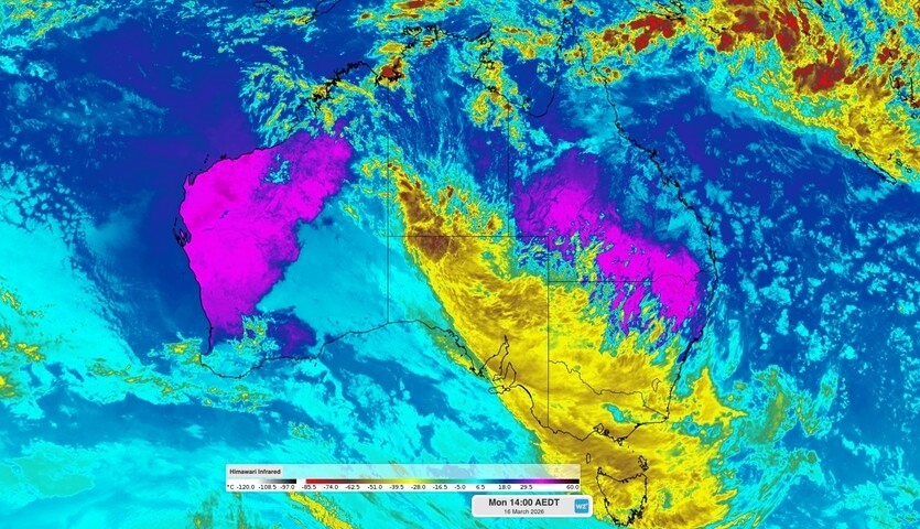 Image: Enhanced infrared satellite image showing storm clouds over central Australia on Monday, March 16, 2026. Source: Weatherzone.