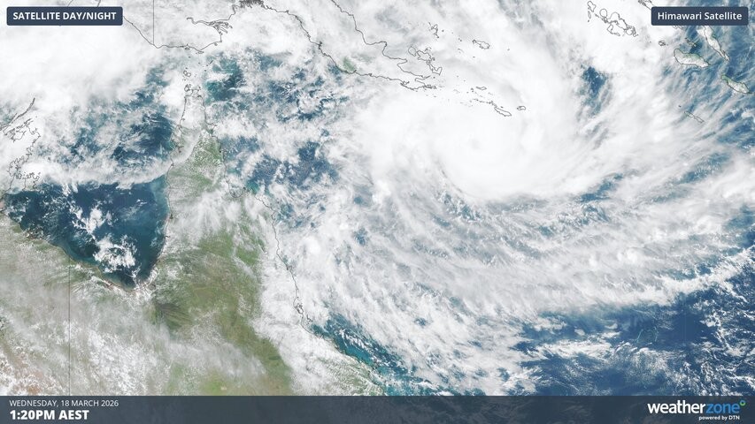 Image: Visible satellite image showing Tropical Cyclone Narelle over the Coral Sea on Wednesday. Source: Weatherzone.