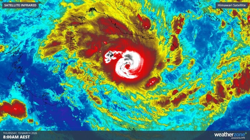 Image: Enhanced infrared satellite image showing Severe Tropical Cyclone Narelle over the Coral Sea on Thursday. Source: Weatherzone.