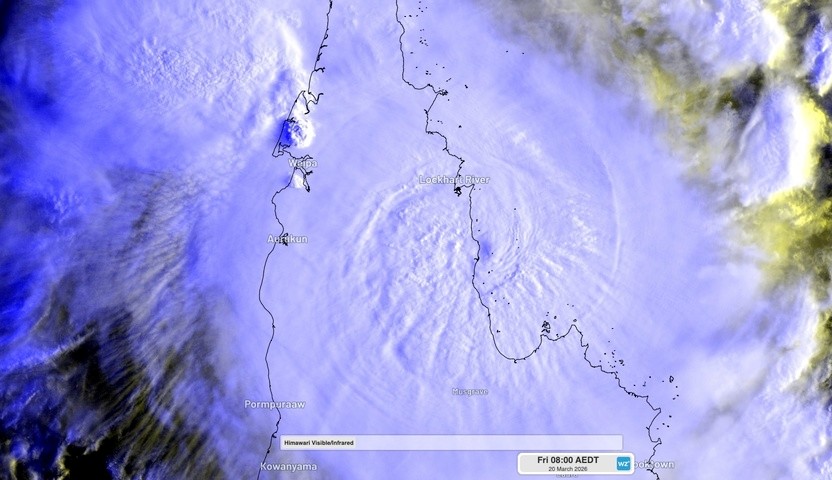 Image: Composite visible/infrared satellite image showing Severe Tropical Cyclone Narelle making landfall in far north Queensland on Friday, March 20, 2026. Source: Weatherzone.