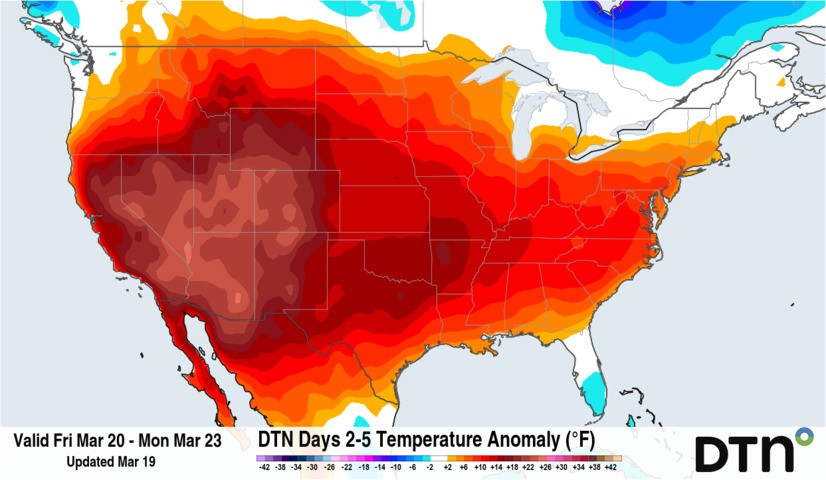 Image: Temperatures will average 20-30 degrees above normal the rest of the week in the West and into the Plains, setting multiple records. Source: DTN.
