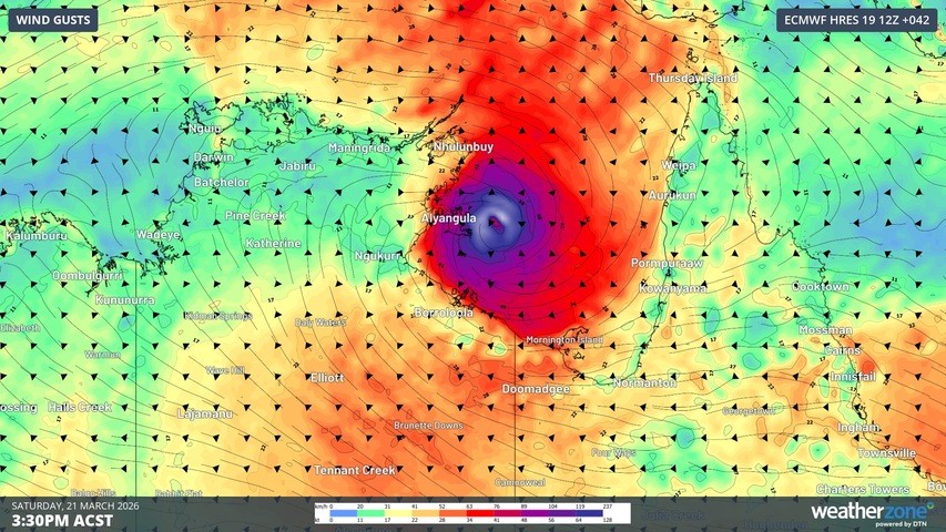 Image: Forecast wind gusts on Saturday afternoon, according to the ECMWF model. Source: Weatherzone.