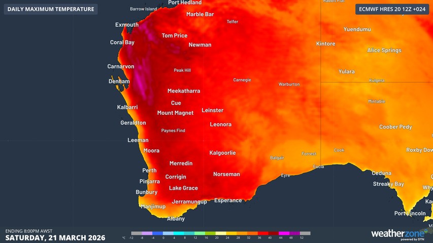 Image: Inland western WA is set for a very hot Saturday.. Source: Weatherzone