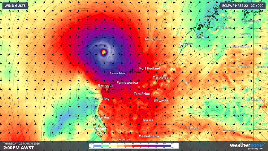 Image: Forecast wind gusts on Thursday afternoon, showing Tropical Cyclone Narelle to the north of WA. Source: Weatherzone.