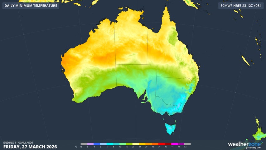 Image: Forecast minimum temperatures on Friday, March 27, 2026. Source: Weatherzone.